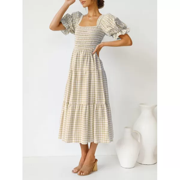 ZESICA Womens 2024 Bohemian Summer Plaid Square Neck Puff Sleeve Ruffle Flowy Beach Midi DressBeige