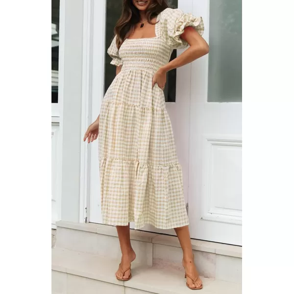 ZESICA Womens 2024 Bohemian Summer Plaid Square Neck Puff Sleeve Ruffle Flowy Beach Midi DressBeige