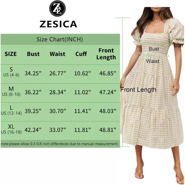 ZESICA Womens 2024 Bohemian Summer Plaid Square Neck Puff Sleeve Ruffle Flowy Beach Midi DressBeige