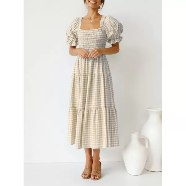 ZESICA Womens 2024 Bohemian Summer Plaid Square Neck Puff Sleeve Ruffle Flowy Beach Midi DressBeige