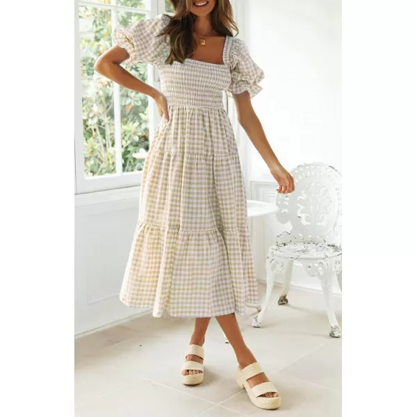 ZESICA Womens 2024 Bohemian Summer Plaid Square Neck Puff Sleeve Ruffle Flowy Beach Midi DressBeige