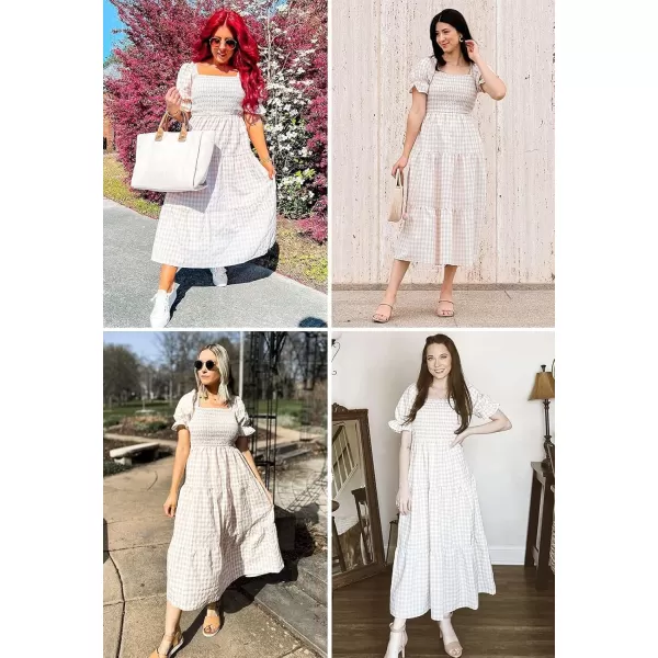 ZESICA Womens 2024 Bohemian Summer Plaid Square Neck Puff Sleeve Ruffle Flowy Beach Midi DressBeige