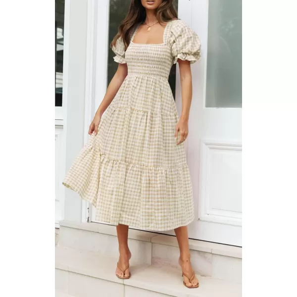 ZESICA Womens 2024 Bohemian Summer Plaid Square Neck Puff Sleeve Ruffle Flowy Beach Midi DressBeige
