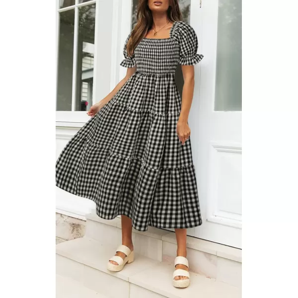 ZESICA Womens 2024 Bohemian Summer Plaid Square Neck Puff Sleeve Ruffle Flowy Beach Midi DressBlack