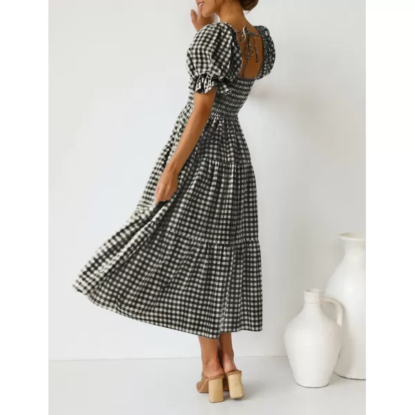 ZESICA Womens 2024 Bohemian Summer Plaid Square Neck Puff Sleeve Ruffle Flowy Beach Midi DressBlack