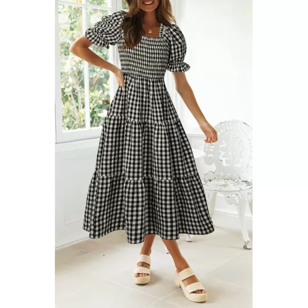 ZESICA Womens 2024 Bohemian Summer Plaid Square Neck Puff Sleeve Ruffle Flowy Beach Midi DressBlack