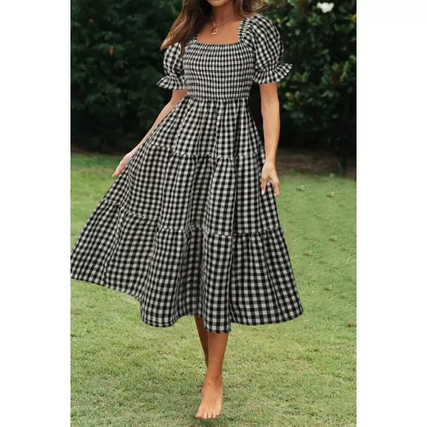 ZESICA Womens 2024 Bohemian Summer Plaid Square Neck Puff Sleeve Ruffle Flowy Beach Midi DressBlack