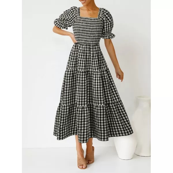 ZESICA Womens 2024 Bohemian Summer Plaid Square Neck Puff Sleeve Ruffle Flowy Beach Midi DressBlack