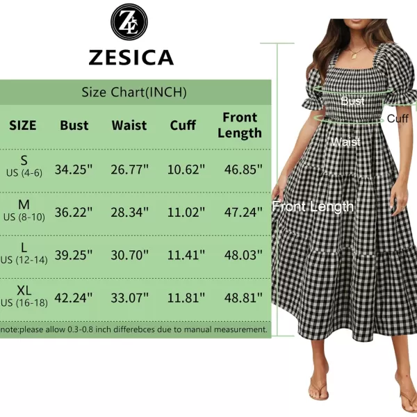 ZESICA Womens 2024 Bohemian Summer Plaid Square Neck Puff Sleeve Ruffle Flowy Beach Midi DressBlack