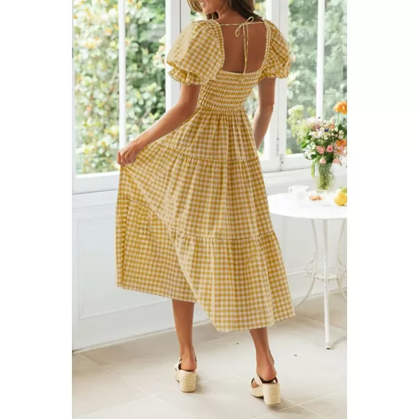 ZESICA Womens 2024 Bohemian Summer Plaid Square Neck Puff Sleeve Ruffle Flowy Beach Midi DressGinger