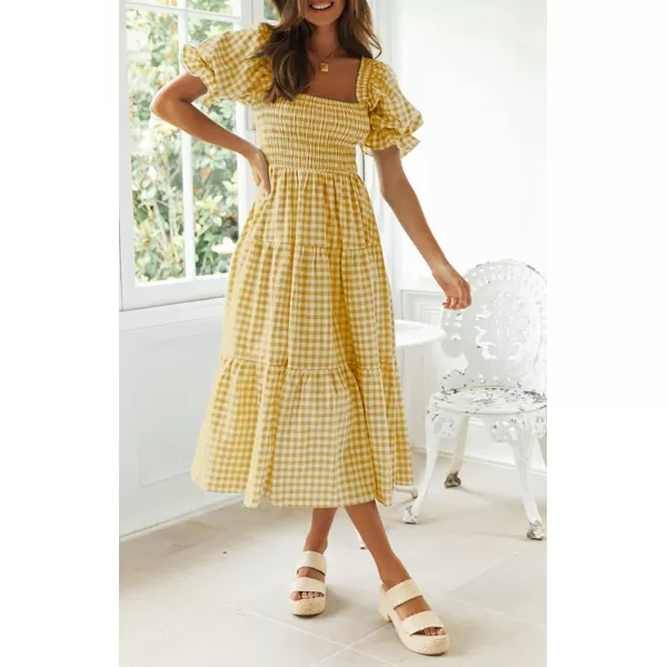 ZESICA Womens 2024 Bohemian Summer Plaid Square Neck Puff Sleeve Ruffle Flowy Beach Midi DressGinger