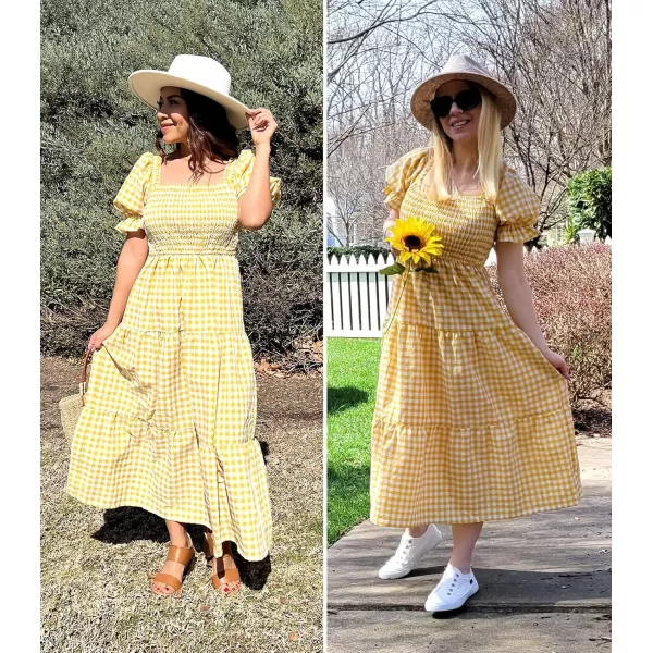 ZESICA Womens 2024 Bohemian Summer Plaid Square Neck Puff Sleeve Ruffle Flowy Beach Midi DressGinger