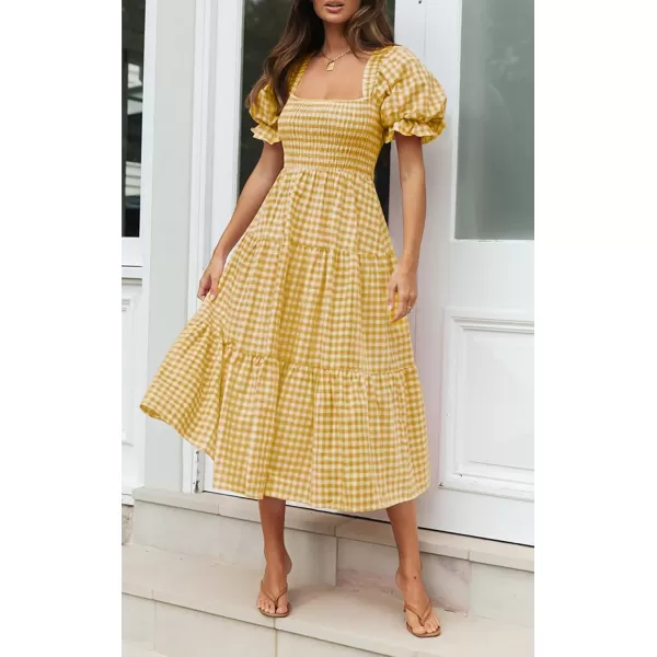 ZESICA Womens 2024 Bohemian Summer Plaid Square Neck Puff Sleeve Ruffle Flowy Beach Midi DressGinger