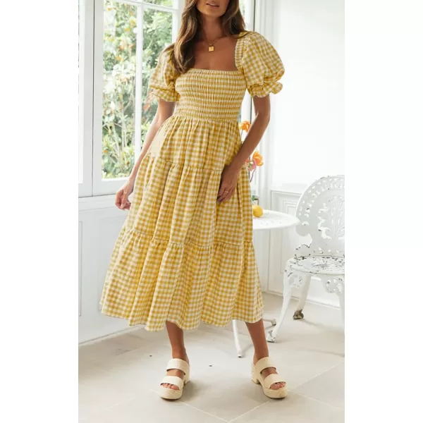 ZESICA Womens 2024 Bohemian Summer Plaid Square Neck Puff Sleeve Ruffle Flowy Beach Midi DressGinger