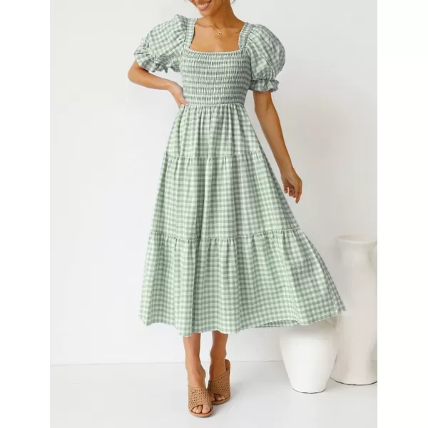 ZESICA Womens 2024 Bohemian Summer Plaid Square Neck Puff Sleeve Ruffle Flowy Beach Midi DressGreen