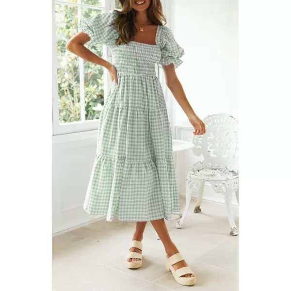 ZESICA Womens 2024 Bohemian Summer Plaid Square Neck Puff Sleeve Ruffle Flowy Beach Midi DressGreen