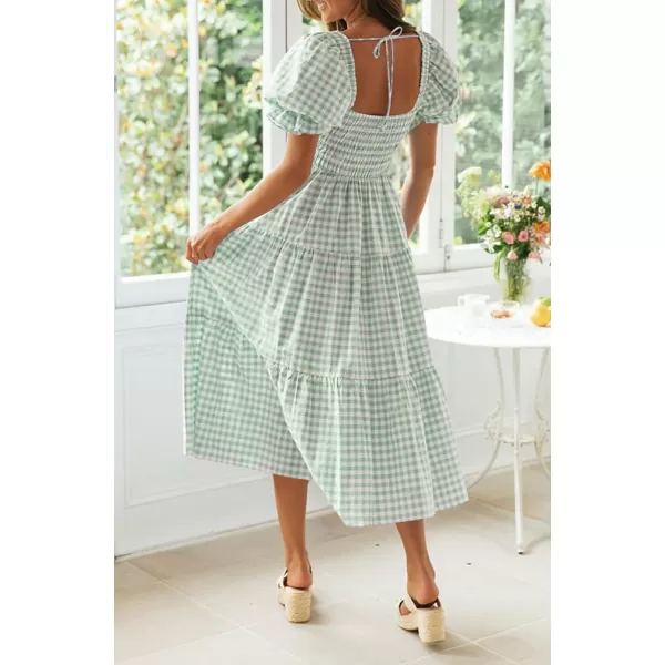 ZESICA Womens 2024 Bohemian Summer Plaid Square Neck Puff Sleeve Ruffle Flowy Beach Midi DressGreen