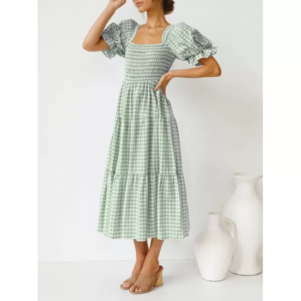 ZESICA Womens 2024 Bohemian Summer Plaid Square Neck Puff Sleeve Ruffle Flowy Beach Midi DressGreen