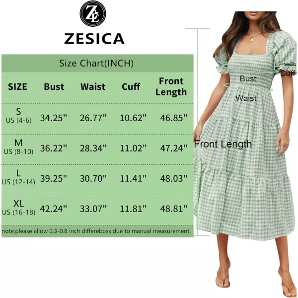 ZESICA Womens 2024 Bohemian Summer Plaid Square Neck Puff Sleeve Ruffle Flowy Beach Midi DressGreen