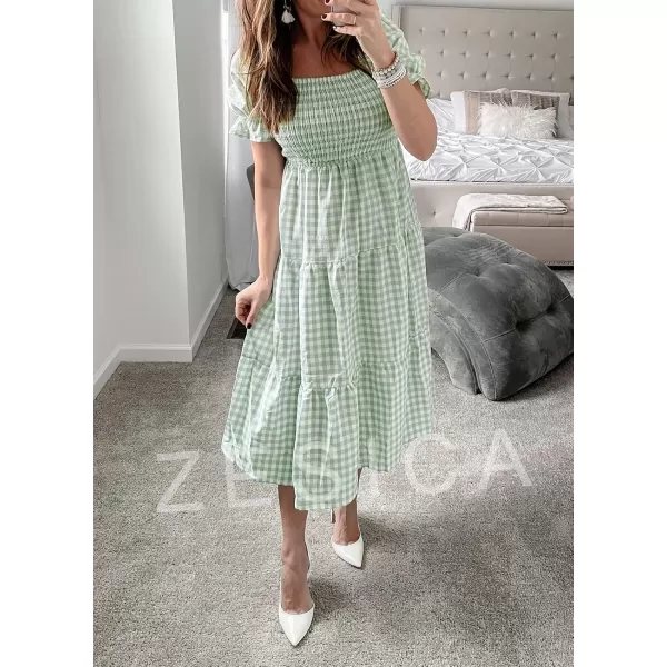 ZESICA Womens 2024 Bohemian Summer Plaid Square Neck Puff Sleeve Ruffle Flowy Beach Midi DressGreen