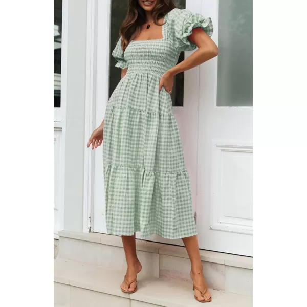 ZESICA Womens 2024 Bohemian Summer Plaid Square Neck Puff Sleeve Ruffle Flowy Beach Midi DressGreen
