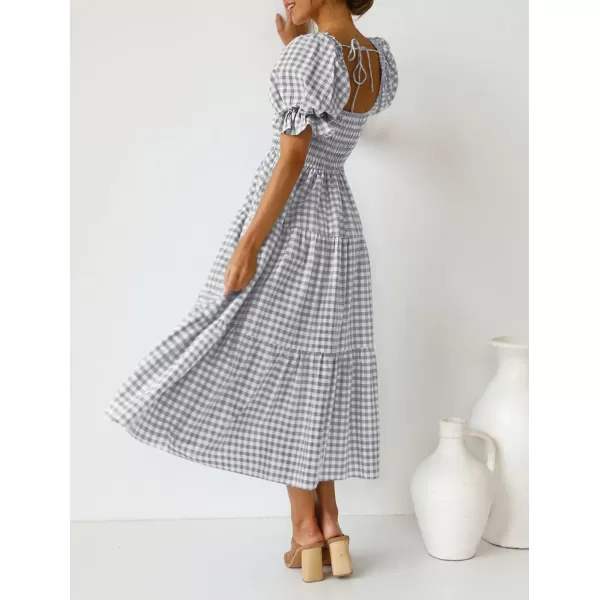 ZESICA Womens 2024 Bohemian Summer Plaid Square Neck Puff Sleeve Ruffle Flowy Beach Midi DressGrey