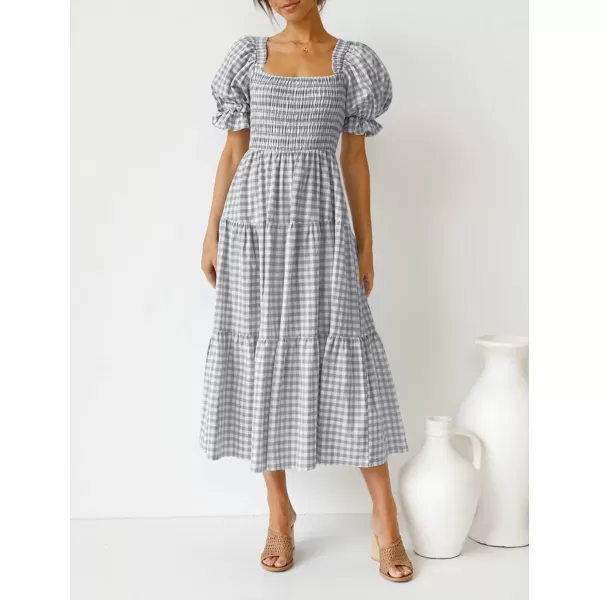 ZESICA Womens 2024 Bohemian Summer Plaid Square Neck Puff Sleeve Ruffle Flowy Beach Midi DressGrey