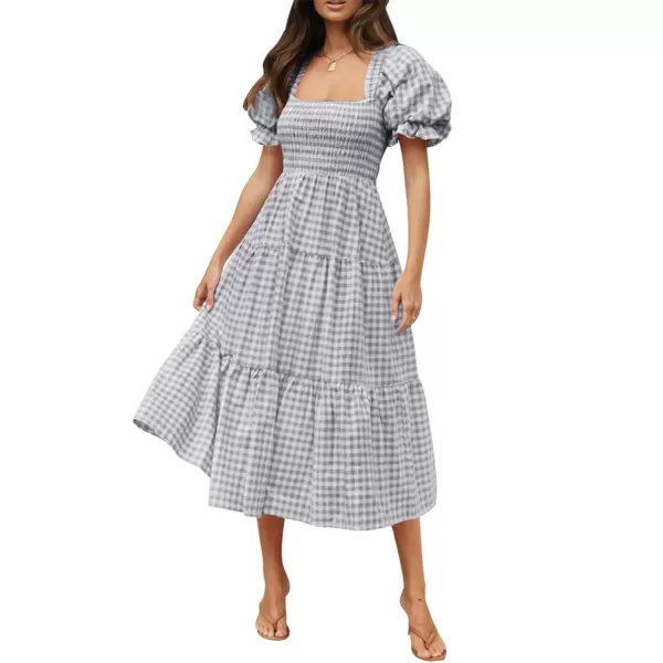 ZESICA Womens 2024 Bohemian Summer Plaid Square Neck Puff Sleeve Ruffle Flowy Beach Midi DressGrey