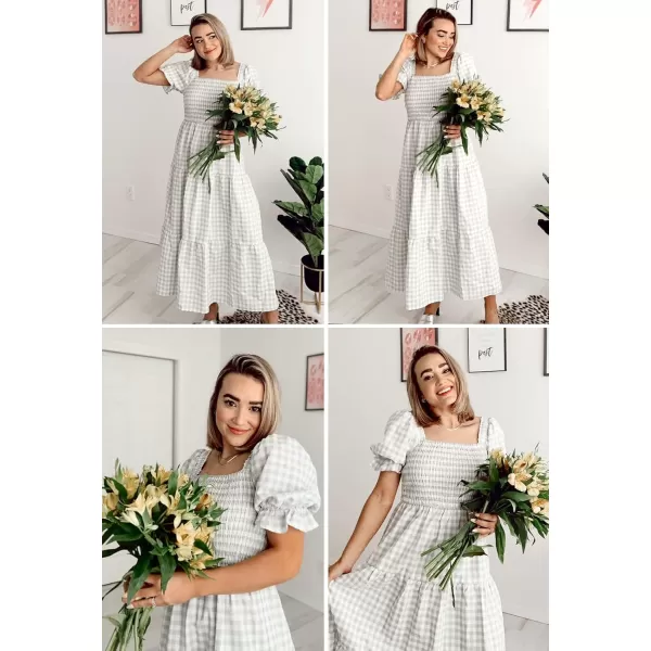 ZESICA Womens 2024 Bohemian Summer Plaid Square Neck Puff Sleeve Ruffle Flowy Beach Midi DressGrey