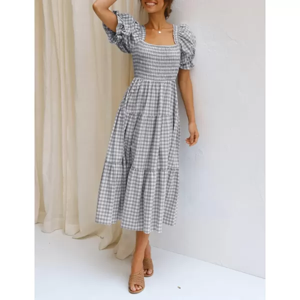 ZESICA Womens 2024 Bohemian Summer Plaid Square Neck Puff Sleeve Ruffle Flowy Beach Midi DressGrey