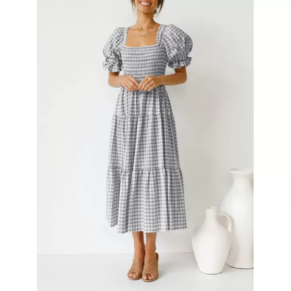 ZESICA Womens 2024 Bohemian Summer Plaid Square Neck Puff Sleeve Ruffle Flowy Beach Midi DressGrey