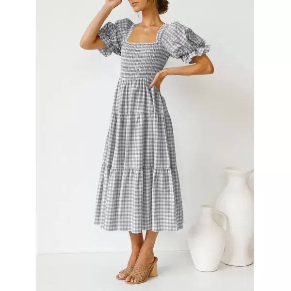 ZESICA Womens 2024 Bohemian Summer Plaid Square Neck Puff Sleeve Ruffle Flowy Beach Midi DressGrey