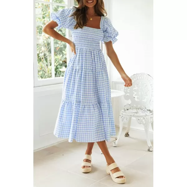 ZESICA Womens 2024 Bohemian Summer Plaid Square Neck Puff Sleeve Ruffle Flowy Beach Midi DressLightblue