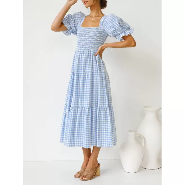 ZESICA Womens 2024 Bohemian Summer Plaid Square Neck Puff Sleeve Ruffle Flowy Beach Midi DressLightblue