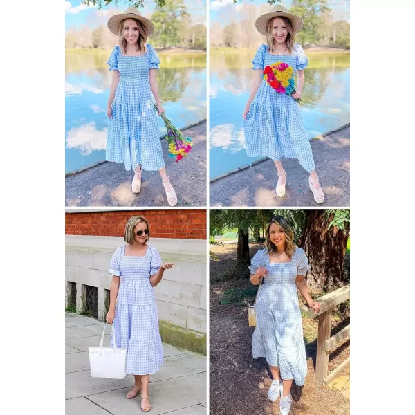 ZESICA Womens 2024 Bohemian Summer Plaid Square Neck Puff Sleeve Ruffle Flowy Beach Midi DressLightblue