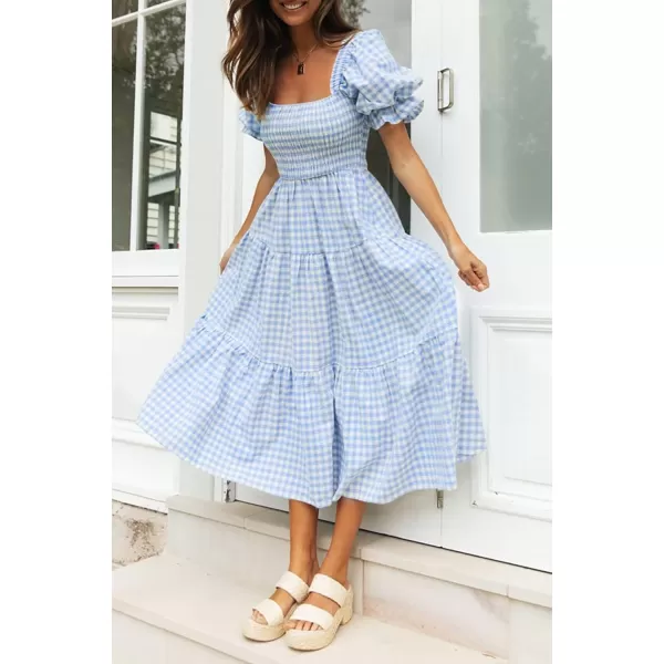 ZESICA Womens 2024 Bohemian Summer Plaid Square Neck Puff Sleeve Ruffle Flowy Beach Midi DressLightblue