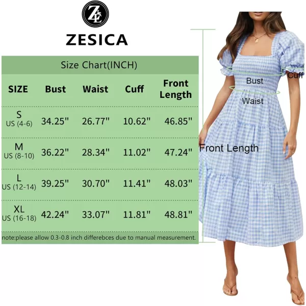 ZESICA Womens 2024 Bohemian Summer Plaid Square Neck Puff Sleeve Ruffle Flowy Beach Midi DressLightblue