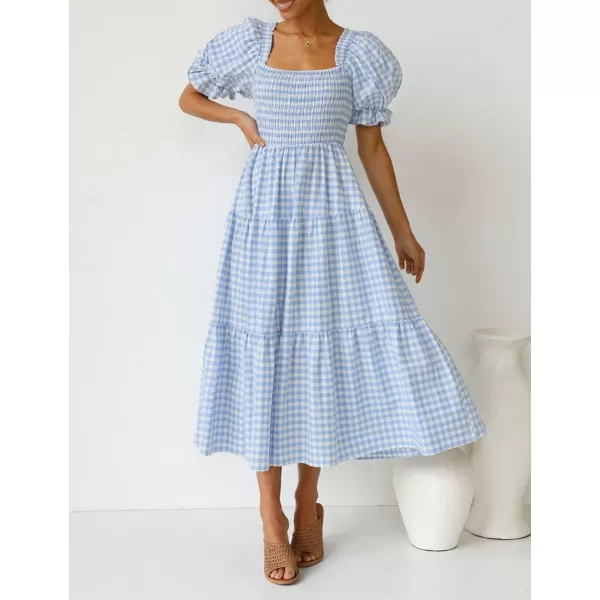ZESICA Womens 2024 Bohemian Summer Plaid Square Neck Puff Sleeve Ruffle Flowy Beach Midi DressLightblue