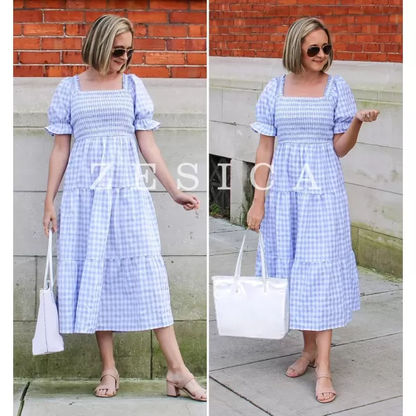 ZESICA Womens 2024 Bohemian Summer Plaid Square Neck Puff Sleeve Ruffle Flowy Beach Midi DressLightblue