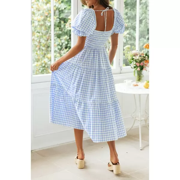 ZESICA Womens 2024 Bohemian Summer Plaid Square Neck Puff Sleeve Ruffle Flowy Beach Midi DressLightblue