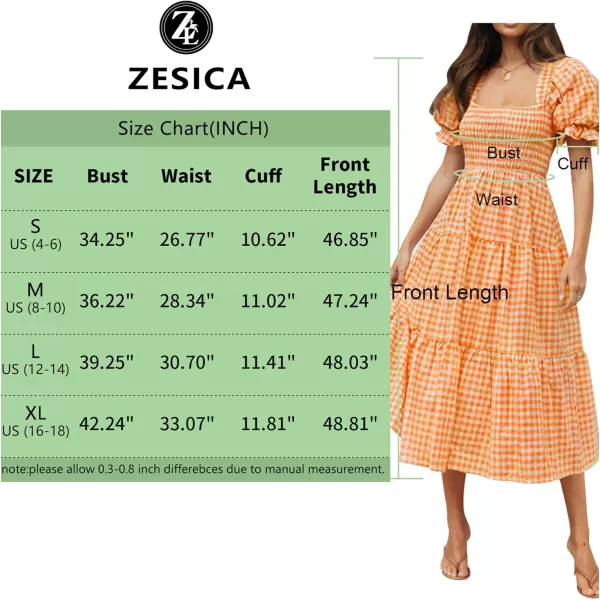 ZESICA Womens 2024 Bohemian Summer Plaid Square Neck Puff Sleeve Ruffle Flowy Beach Midi DressOrange