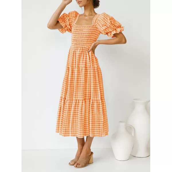 ZESICA Womens 2024 Bohemian Summer Plaid Square Neck Puff Sleeve Ruffle Flowy Beach Midi DressOrange