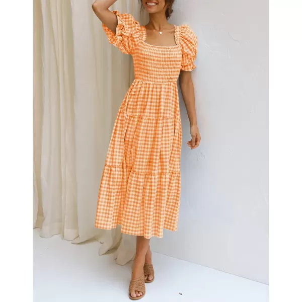 ZESICA Womens 2024 Bohemian Summer Plaid Square Neck Puff Sleeve Ruffle Flowy Beach Midi DressOrange