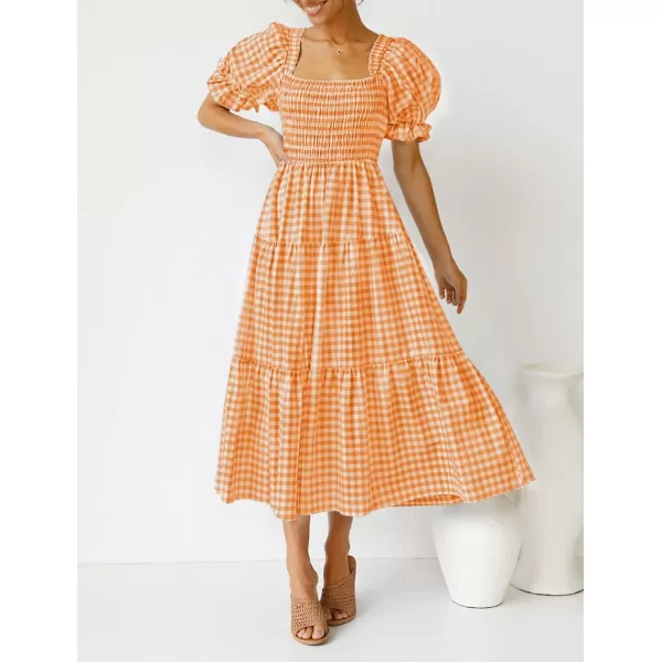 ZESICA Womens 2024 Bohemian Summer Plaid Square Neck Puff Sleeve Ruffle Flowy Beach Midi DressOrange