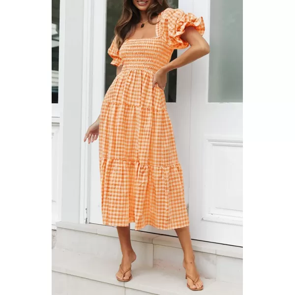 ZESICA Womens 2024 Bohemian Summer Plaid Square Neck Puff Sleeve Ruffle Flowy Beach Midi DressOrange