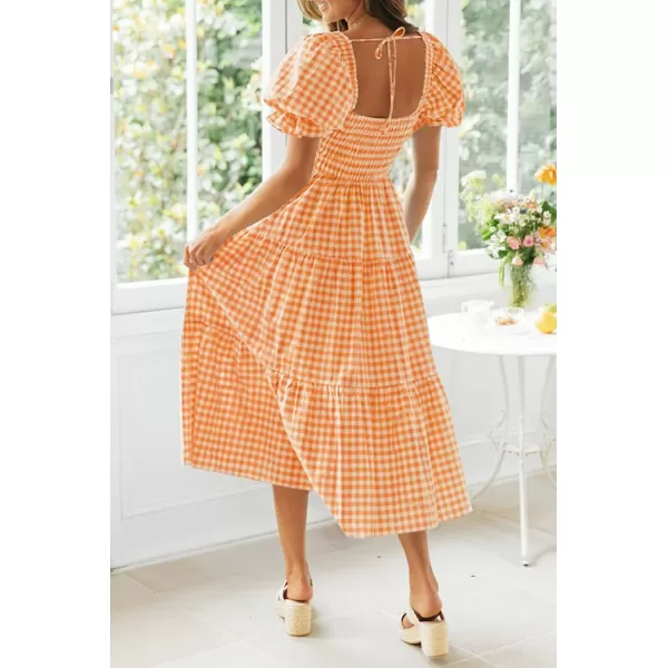ZESICA Womens 2024 Bohemian Summer Plaid Square Neck Puff Sleeve Ruffle Flowy Beach Midi DressOrange