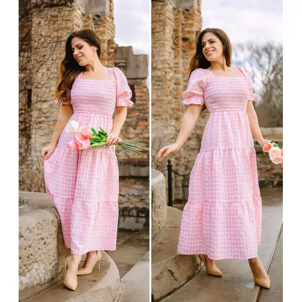 ZESICA Womens 2024 Bohemian Summer Plaid Square Neck Puff Sleeve Ruffle Flowy Beach Midi DressPink