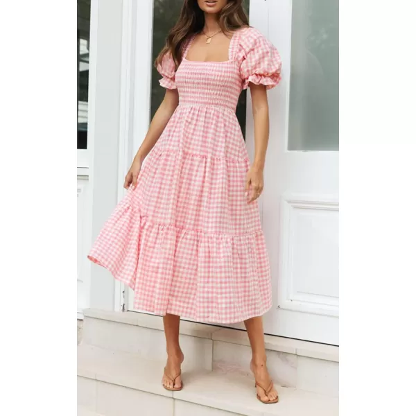 ZESICA Womens 2024 Bohemian Summer Plaid Square Neck Puff Sleeve Ruffle Flowy Beach Midi DressPink