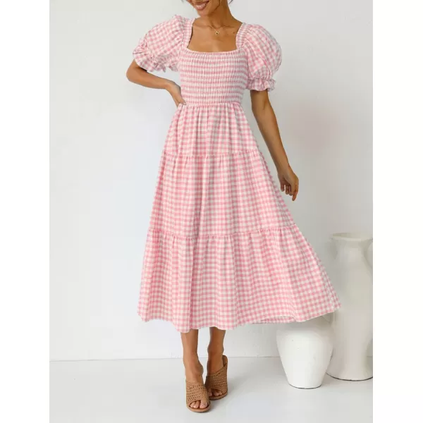ZESICA Womens 2024 Bohemian Summer Plaid Square Neck Puff Sleeve Ruffle Flowy Beach Midi DressPink