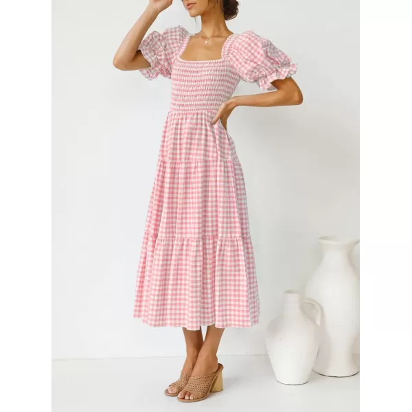 ZESICA Womens 2024 Bohemian Summer Plaid Square Neck Puff Sleeve Ruffle Flowy Beach Midi DressPink